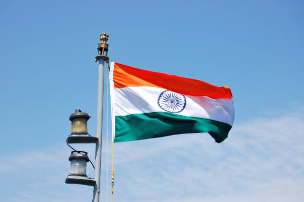 Flag of the Republic of India on Indian Navy corvette INS Kuthar. Flag of the Republic of India on Indian Navy corvette INS Kuthar. indo pacific ocean stock pictures, royalty-free photos & images