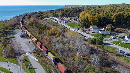 Low level drone view of a freight train.