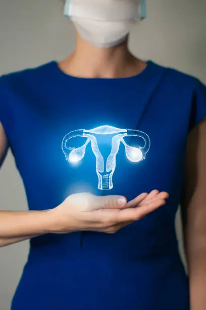 Woman in blue clothes holding virtual Uterus in hand. Handrawn human organ, detox and healthcare, healthcare hospital service concept stock photo