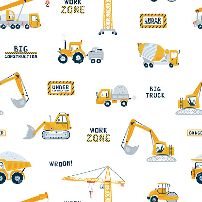 Cute children's seamless pattern with crane, road roller and dump truck on white background. Illustration construction site in cartoon style for wallpaper, fabric, and textile design. Vector