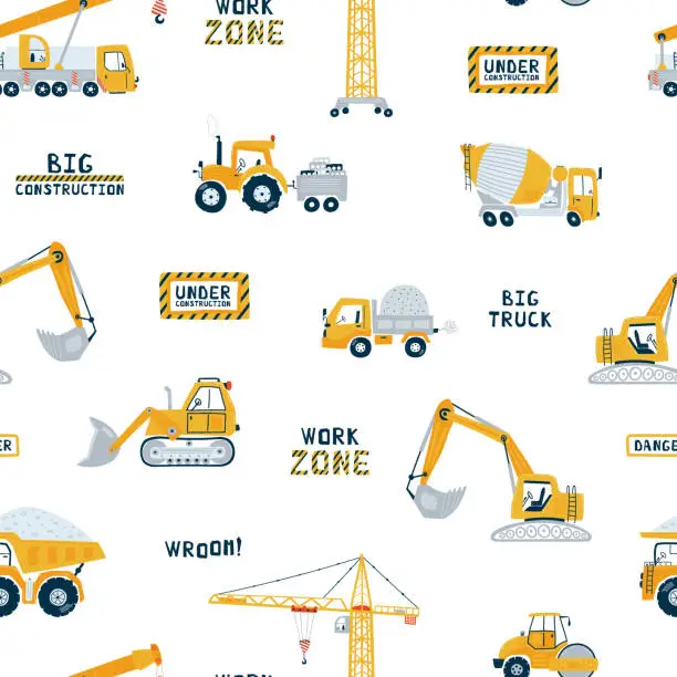 Vector illustration of Cute children's seamless pattern with crane, road roller and dump truck on white background. Illustration construction site in cartoon style for wallpaper, fabric, and textile design. Vector