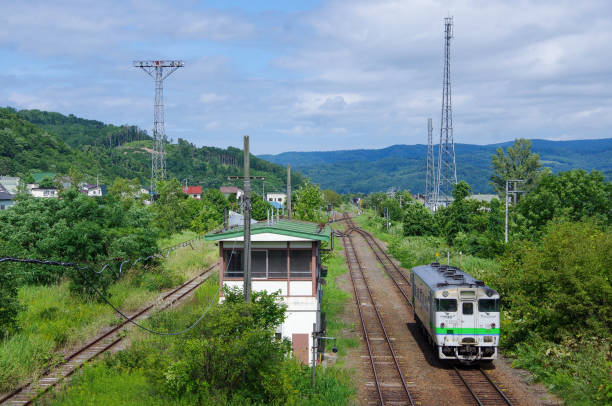 vasto patio y tren local kiha 40 - railroad track train journey rural scene fotografías e imágenes de stock