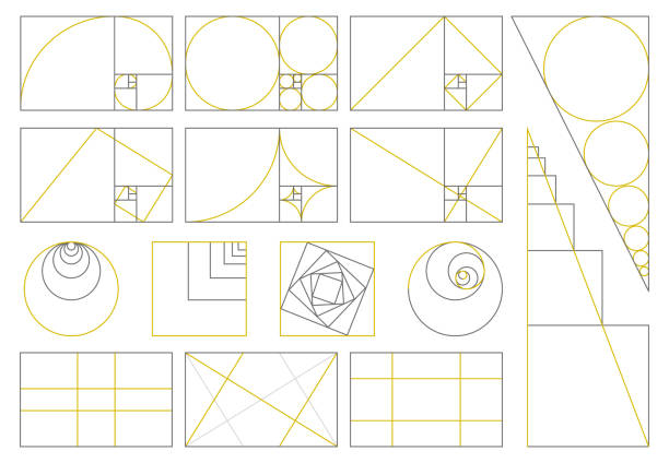 ilustrações, clipart, desenhos animados e ícones de proporção áurea, proporções divinas, números de fibonacci dourados espiral. conjunto de ilustração vetorial de matriz de proporção dourada fibonacci. sinais de proporção de geometria sagrada - mirrored pattern