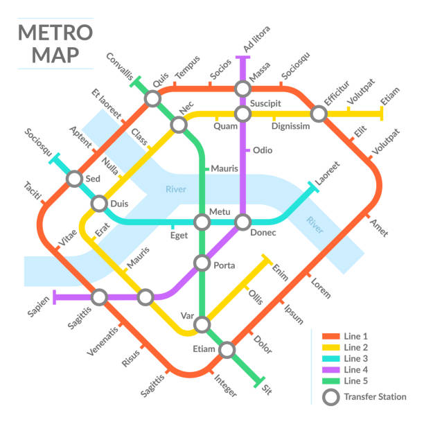 istock Subway stations map, underground public transport scheme, metro network. Underground urban city metro map vector illustration. Metro public transportation scheme 1360881476