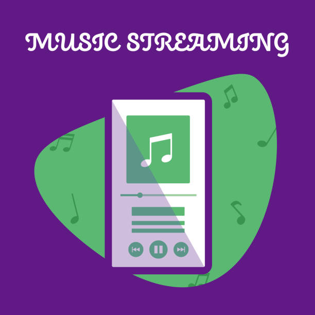 Music streaming, Smartphone streaming audio player applications. Music streaming, Smartphone streaming audio player applications. Vector illustration. music streaming service stock illustrations