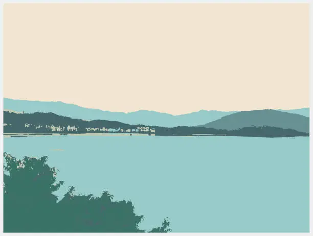 Vector illustration of color woodcut style nature landscape background,lake with mountain