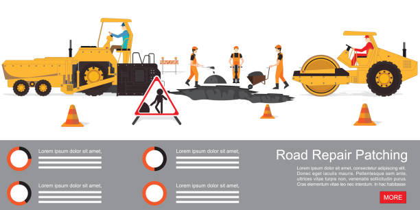 arbeiter wechseln den asphalt isoliert auf weiß. - höhlenklettern stock-grafiken, -clipart, -cartoons und -symbole