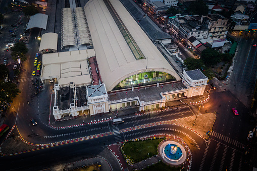 Hua Lamphong Railway Station (Bangkok Station), a historic landmark of the State Railway of Thailand, located in Bangkok, Thailand.