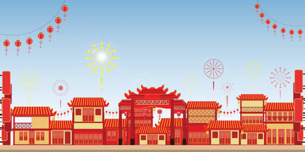 китайский город празднует новый год в чайна-тауне - china year new temple stock illustrations