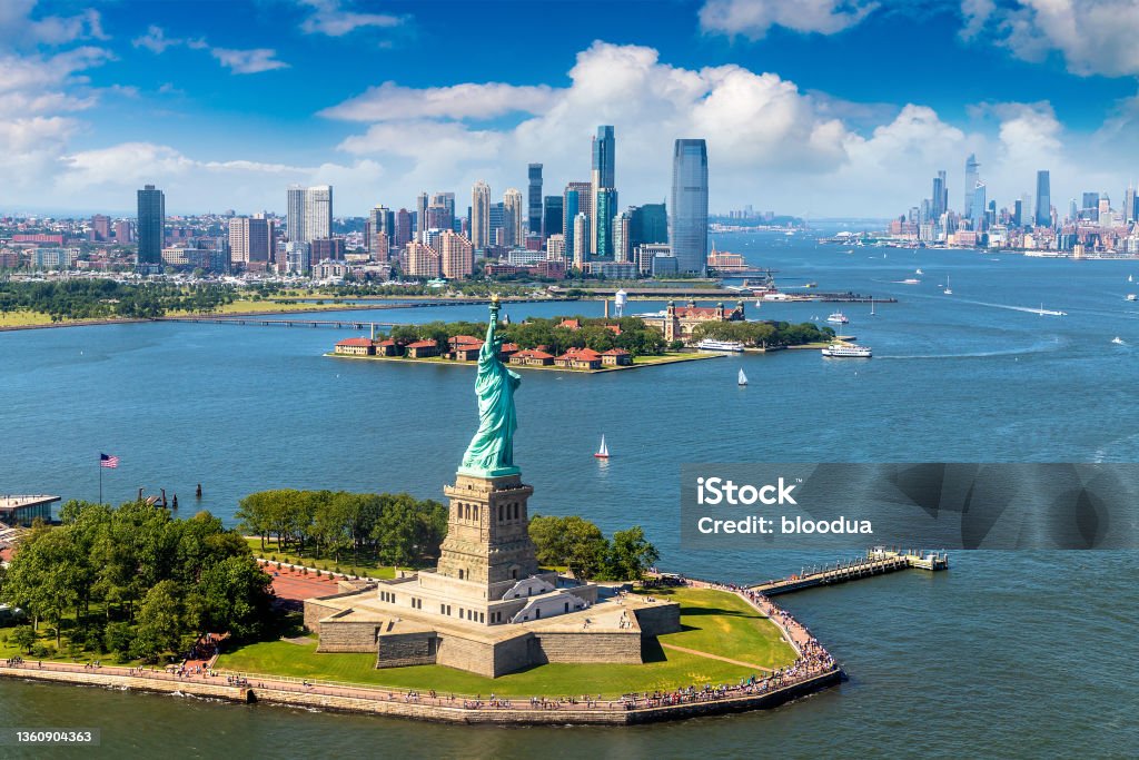 Statue of Liberty n New York Panoramic aerial view Statue of Liberty and Jersey City and Manhattan cityscape in New York City, NY, USA New York City Stock Photo