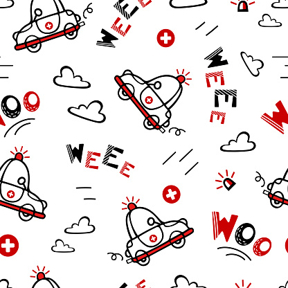 Seamless pattern ambulance is in a hurry to help. Cute childrens illustration in Scandinavian style. Lettering siren sounds. Hand drawn, red and black. Posters, postcards, banners, printing on fabric.