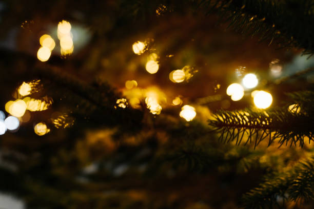 istock Defocus Christmas lights on decorated tree in evening, close-up. Abstract background New Year mood, xmas holidays concept 1360912718