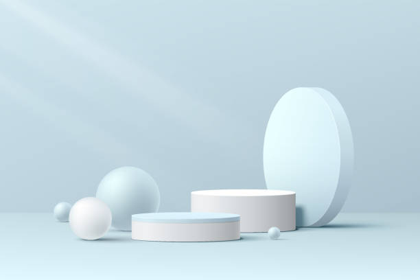 istock Realistic white and blue 3D cylinder pedestal podium set with geometric group and balls. Pastel minimal scene for products showcase, Promotion display. Vector abstract studio room platform design. 1360915749