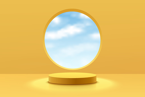 Realistic yellow 3D cylinder pedestal podium with clouds blue sky in circle window. Minimal scene for products showcase, Promotion display. Vector abstract studio room platform design. Stage showcase.