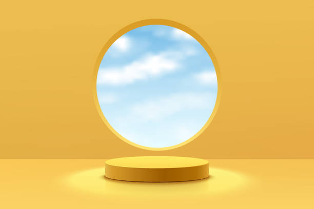 Realistic yellow 3D cylinder pedestal podium with clouds blue sky in circle window. Minimal scene for products showcase, Promotion display. Vector abstract studio room platform design. Stage showcase. Realistic yellow 3D cylinder pedestal podium with clouds blue sky in circle window. Minimal scene for products showcase, Promotion display. Vector abstract studio room platform design. Stage showcase. window backgrounds stock illustrations