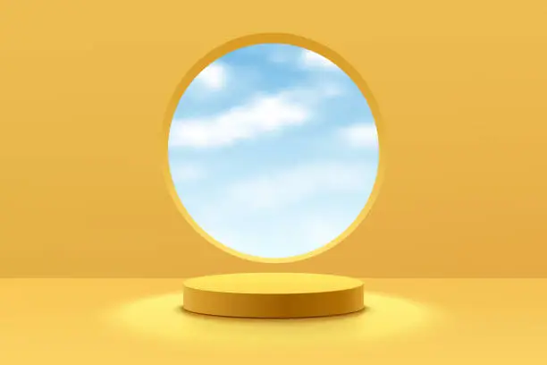 Vector illustration of Realistic yellow 3D cylinder pedestal podium with clouds blue sky in circle window. Minimal scene for products showcase, Promotion display. Vector abstract studio room platform design. Stage showcase.