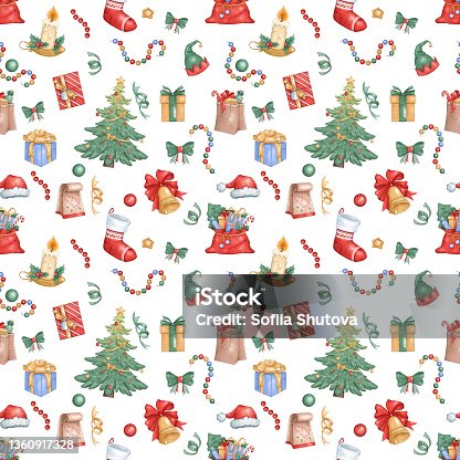 istock Seamless pattern for the new year. Christmas tree gifts, bag with gifts, New Year's sock, garland, snowflakes. Great for holiday decor, wrapping paper, prints 1360917328