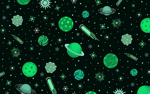 Outer space with various planets, stars and comets. Background. Sample. Monochrome image on a dark background. Vector illustration.