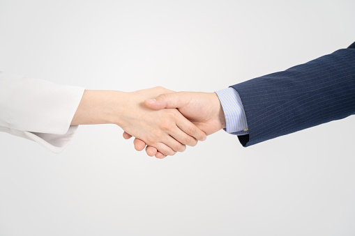 Smiley male and female businessmen shaking hands