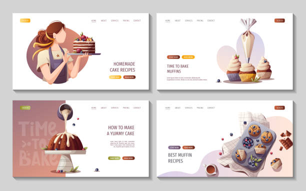 kuvapankkikuvitukset aiheesta verkkosivut, joissa on kakkuja, muffineja, vuokaleivoksia. leivonta, leipomo, ruoanlaitto, makeat tuotteet, jälkiruoka, leivonnaiskonsepti. - leivonnaistaikina