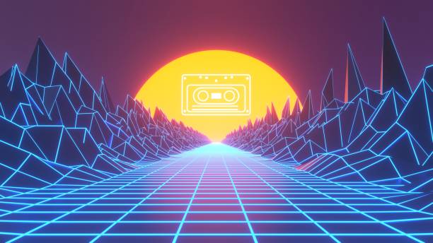 istock Neon road, sunset and cassette tape. 80s retro music - synthwave. 1360923366