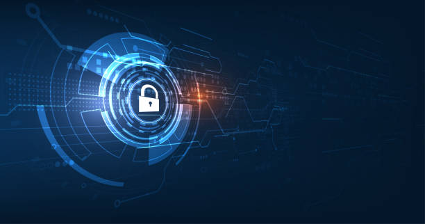 사이버 보안 개념. 디지털 데이터 배경에 키홀 아이콘이 있는 쉴드. 사이버 데이터 보안 또는 정보 개인 정보 보호 아이디어를 설명합니다. 블루 추상 하이 스피드 인터넷 기술. - cyber security stock illustrations