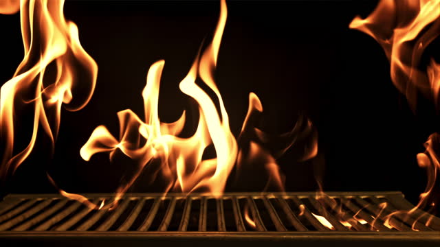 Grill with flames. Filmed is slow motion 1000 frames per second.
