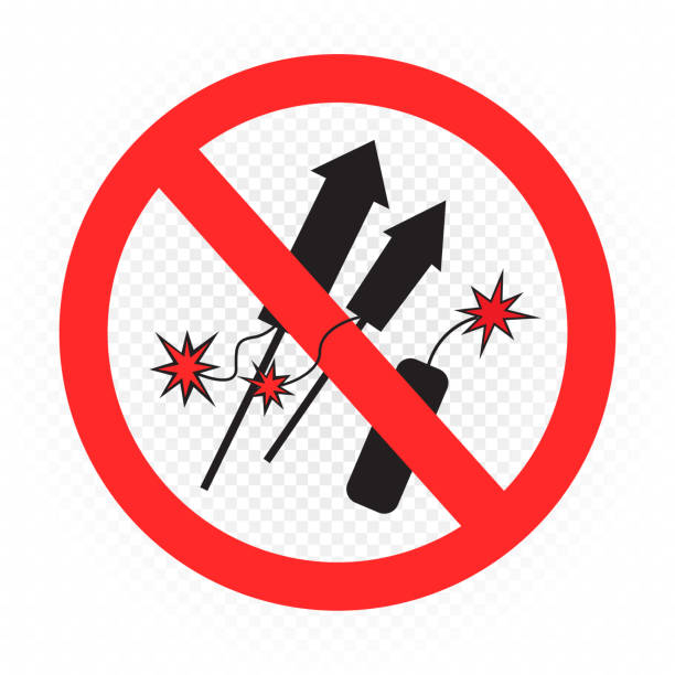 pyrotechnic objects is prohibited sign symbol sticker Pyrotechnic objects is prohibited sign symbol sticker isolated on transparent background. No fireworks icon label template firework explosive material illustrations stock illustrations