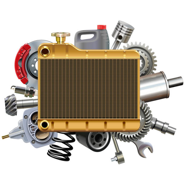 vector autoteile mit messing-autokühler - heat exchanger stock-grafiken, -clipart, -cartoons und -symbole