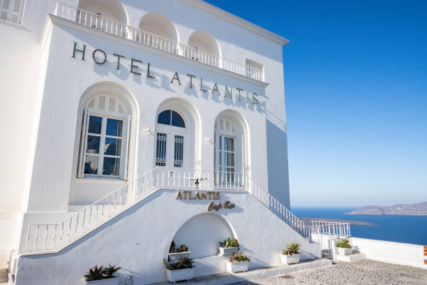 Hotel Atlantis in  Firá on Santorini in South Aegean Islands, Greece Hotel Atlantis in  Firá on Santorini in South Aegean Islands, Greece fira santorini stock pictures, royalty-free photos & images