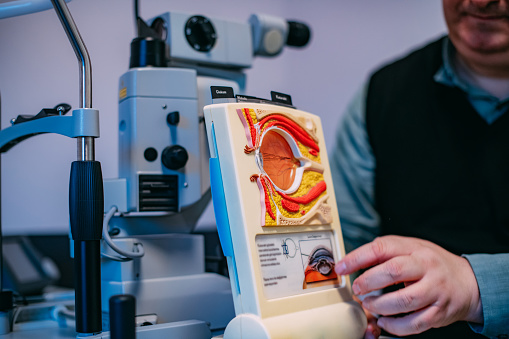 Doctor Giving Information on Eye Model