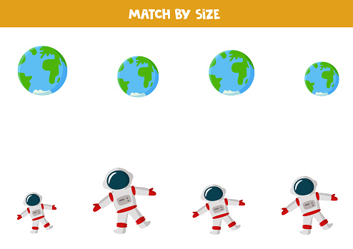 Match Earth and astronaut by size. Educational logical game for kids.
