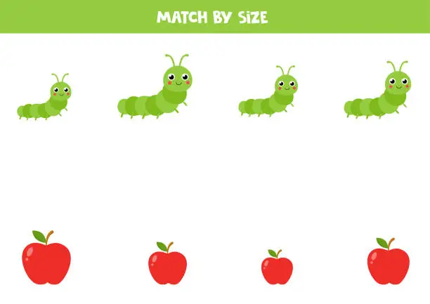 Vector illustration of Matching game for preschool kids. Match caterpillars and apples by size.