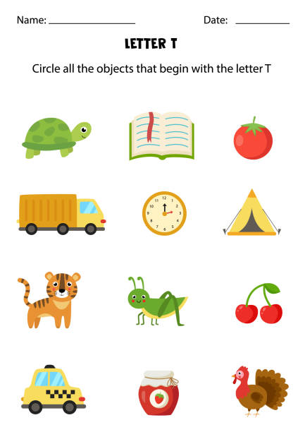 Letter recognition for kids. Circle all objects that start with T. Circle all the objects that begin with the letter T. Worksheet for kids. painted grasshopper stock illustrations