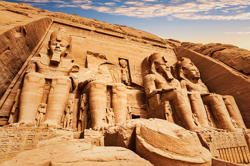 Abu Simbel, the Great Temple of Ramesses II close view, Egypt.