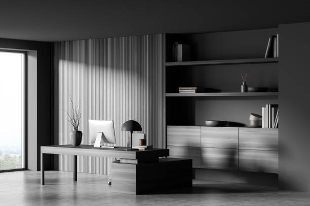 istock Home office interior, chair and table with computer, drawer and window 1360947770