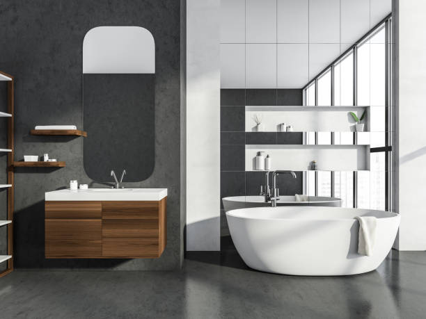 istock Two tone bathroom with dark wood vanity 1360948986