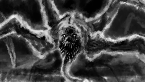 Vile creature crawls out darkness and opens its mouth. Scary monster with tentacles and claws. Illustration in horror fiction genre. Grunge, coal and noise effects. Black and white background.