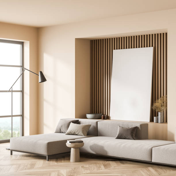 istock Light living room interior with sofa and coffee table, mockup poster 1360950553