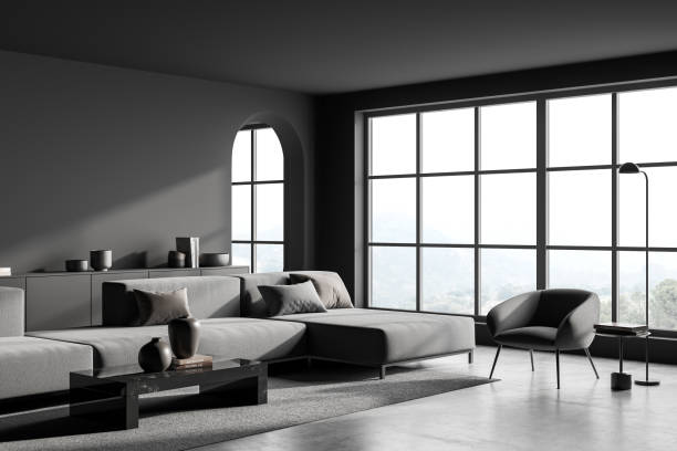 istock Modern panoramic dark grey living room with oval mirror. Corner view. 1360952685
