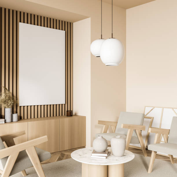 istock Light living room interior with armchairs and coffee table, mockup poster 1360954977