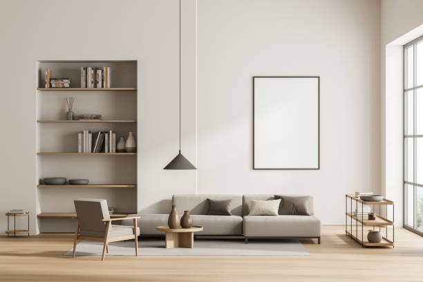 istock Bright living room interior with empty white poster, panoramic window 1360957134