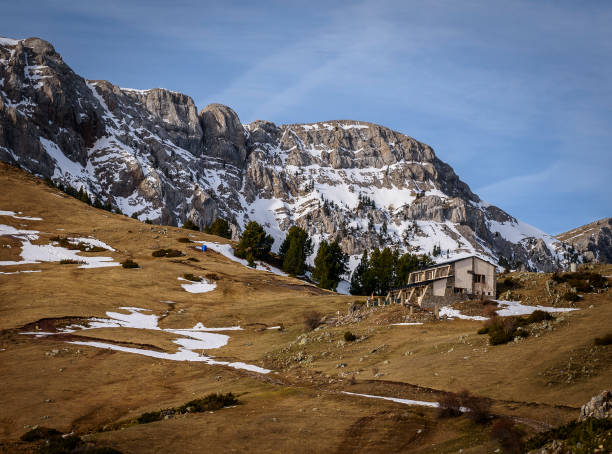 North face of the snowy Serra de Cadí seen from the Prat d'Aguiló refuge (Cerdanya, Catalonia, Spain, Pyrenees) stock photo