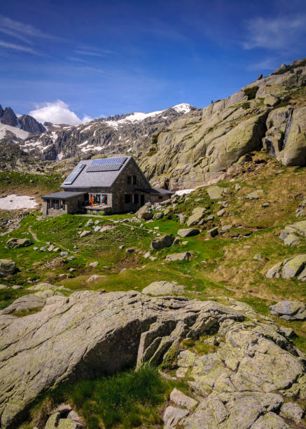 Ventosa i Calvell Hut in summer (Boí Valley, Catalonia,. Pyrenees, Spain) stock photo