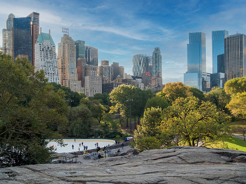 NEW YORK- OCTOBER 26: A view of the Trump Wollman Rink from the glacial stone in Central Park as it looked on October 26 2005 in New York City.
