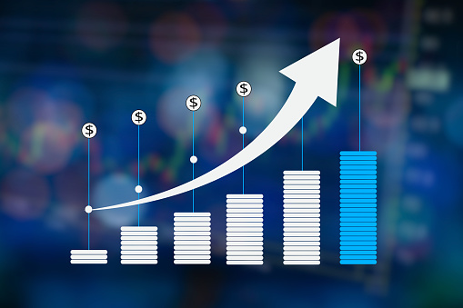 Graph of financial growth global communications Binary Smart Phones and world Internet Businesspeople press the phone to communicate in the Internet Stock chart Researching process.business Team Working Startup modern office Laptop global strategy virtual Icon.Innovation graphs Interfaces