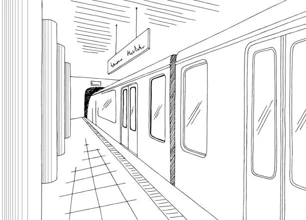 Vector illustration of Subway station platform graphic black white sketch illustration vector