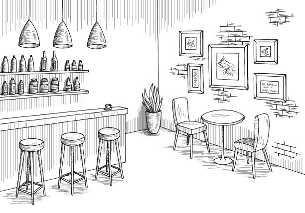 illustrations, cliparts, dessins animés et icônes de cafe bar graphic noir intérieur blanc esquisse vector illustration - bar stools illustrations