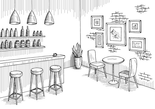 cafe bar grafika czarny biały wektor szkicu wnętrza - bar stool chair cafe stock illustrations