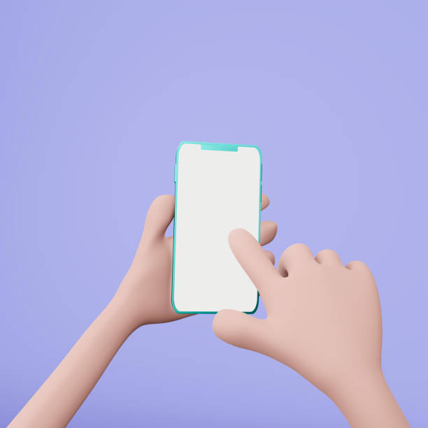 istock 3D Cartoon hand holding smartphone isolated on purple background, Hand using mobile phone mockup. 3d render illustration 1361008770